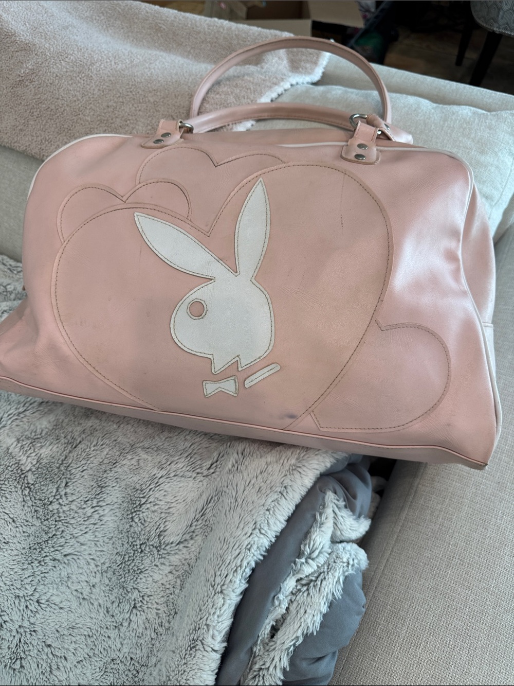 PLAYBOY Pale Pink Heart Weekender Bag with White Bunny Appliqué